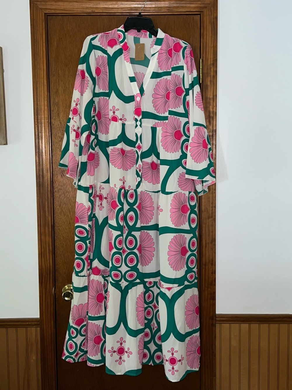 Floral Pink & Green Maxi Dress - Women's Long Sleeve Large